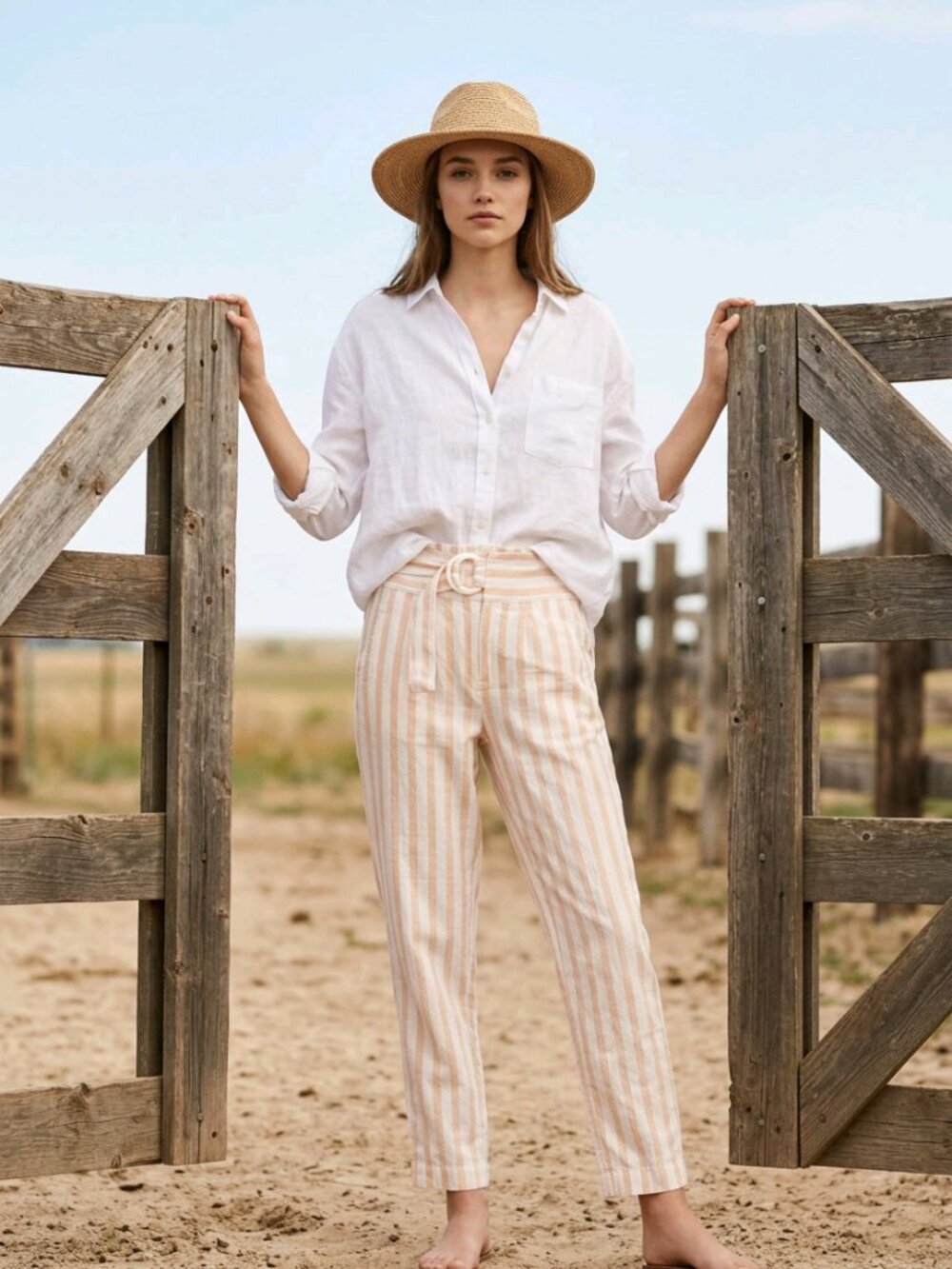 Anthropologie Peach and White Striped Casual Pants with Acrylic Button Closure